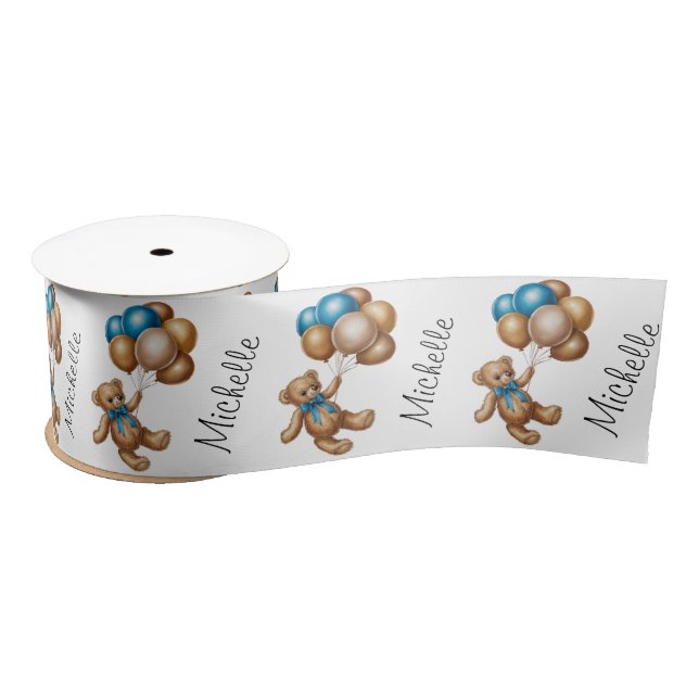 Personalized Name Cute Bear Gold Blue Balloons     Satin Ribbon (Spool)