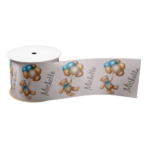 Personalized Name Cute Bear Gold Blue Balloons Satin Ribbon
