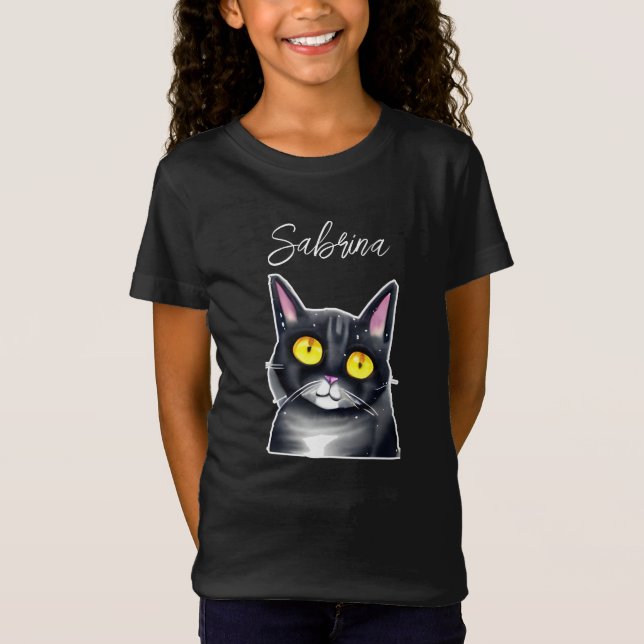 Personalized Name  | Cute Black Cat Yellow Eyes T-Shirt (Front)