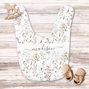 Personalized Name Cute Brown Flowers and Leaves  Baby Bib
