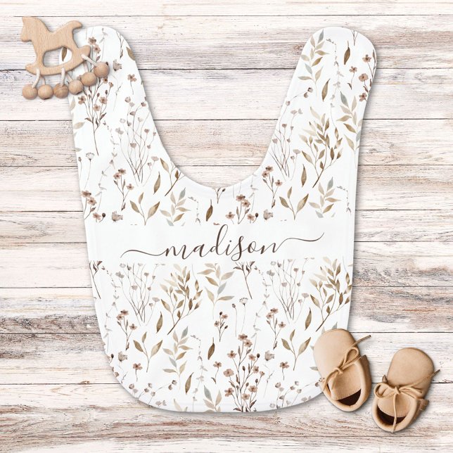 Personalized Name Cute Brown Flowers and Leaves  Baby Bib (Close up)