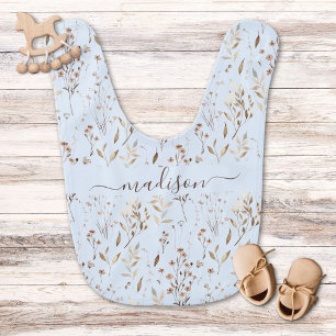 Personalized Name Cute Brown Flowers and Leaves Baby Bib