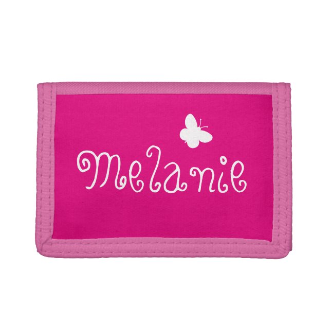 Personalized name cute butterfly girly pink kids tri-fold wallet (Front)