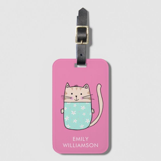 Personalized name cute cat illustration luggage tag (Front Vertical)
