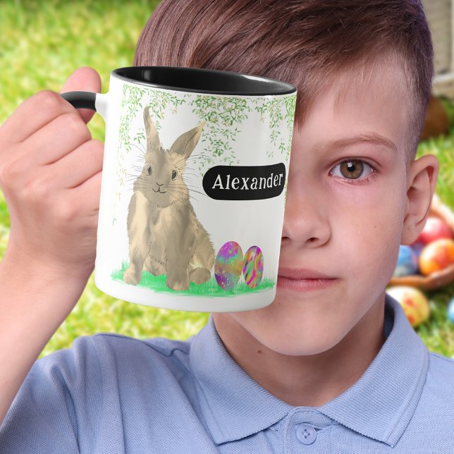 Personalized Name Cute Easter Bunny Egg Hunt Mug (Personalized name cute Easter bunny Egg Hunt Spring Brunch Garden party Mug Colorful watercolor eggs)