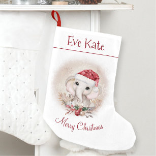 Personalized Name Cute Elephant Girl Red White Small Christmas Stocking