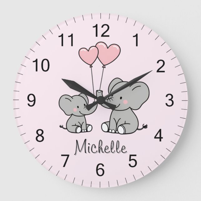 Personalized name Cute Elephant Mom & Baby Pink    Large Clock (Front)