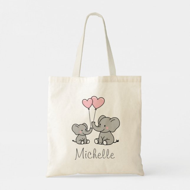 Personalized name Cute Elephant Mom & Baby Pink    Tote Bag (Back)