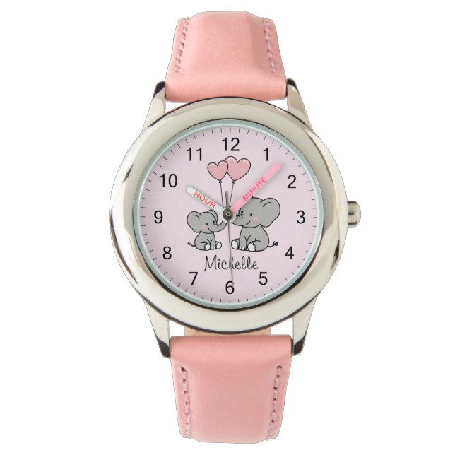 Personalized name Cute Elephant Mom & Baby Pink    Watch (Front)