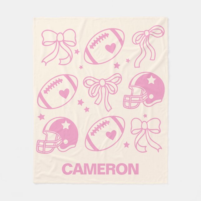 Personalized Name Cute Football Coquette Bow Pink Fleece Blanket (Front)