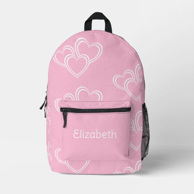 Personalized Name Cute Fun Heart Pattern Pink Printed Backpack (Front)