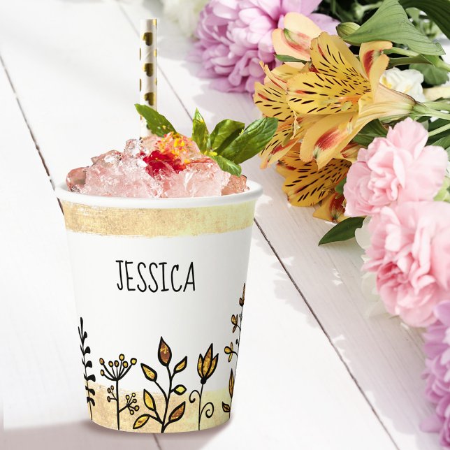 Personalized Name Cute Gold White & Black Floral Paper Cups (Creator Uploaded)