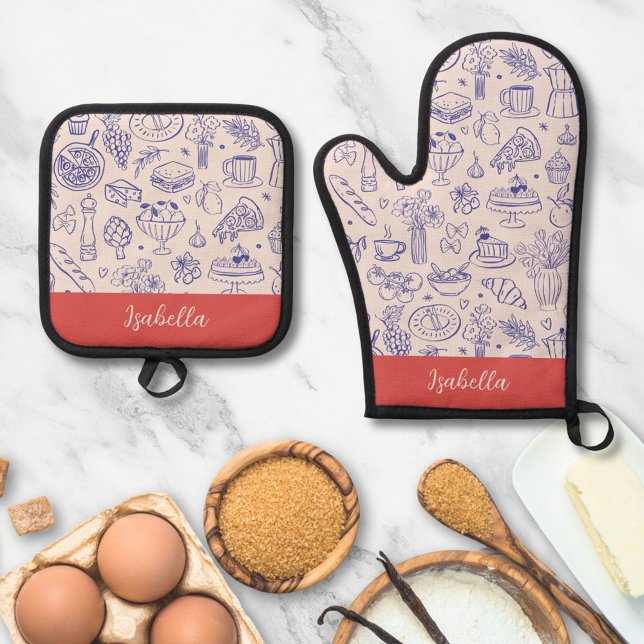 Personalized Name Cute Hand Drawn Food Oven Mitt & Pot Holder Set (In situ)