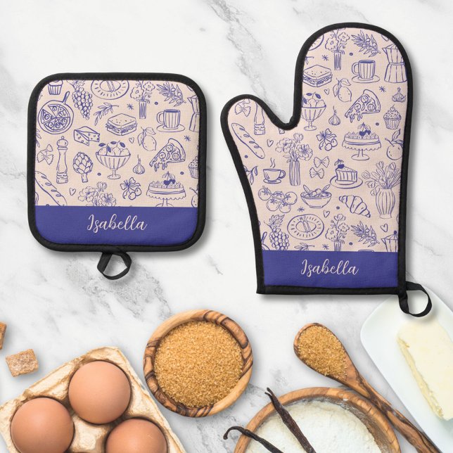 Personalized Name Cute Hand Drawn Food Oven Mitt & Pot Holder Set (In situ)