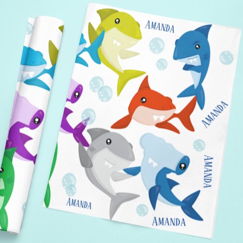 Personalized Name Cute Little Sharks Wrapping Paper