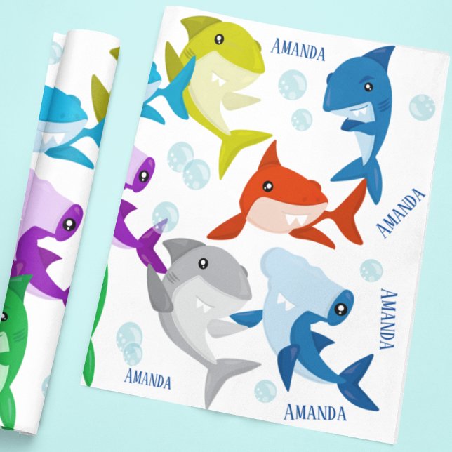 Personalized Name Cute Little Sharks Wrapping Paper (Creator Uploaded)