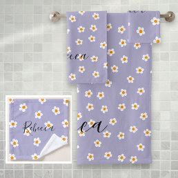 Personalized Name Cute Modern Daisy Pattern Purple Bath Towel Set