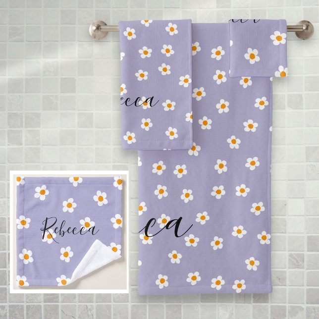 Personalized Name Cute Modern Daisy Pattern Purple Bath Towel Set (Personalized Name Cute Modern Daisy Pattern Purple Bath Towel Set)