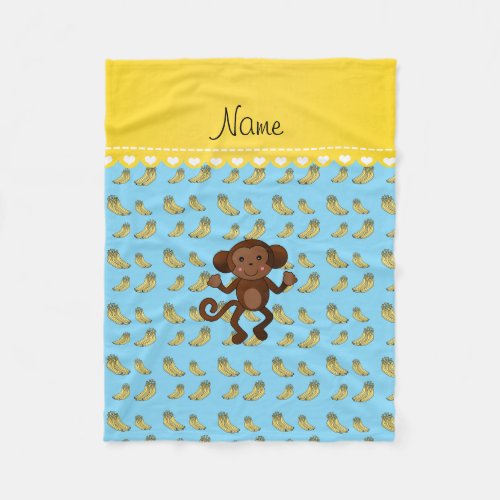 Personalized name cute monkey blue yellow bananas fleece blanket