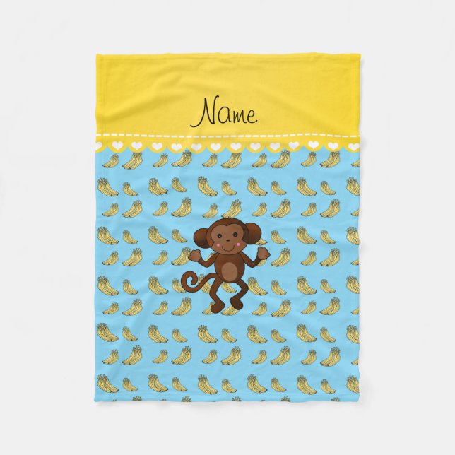 Personalized name cute monkey blue yellow bananas fleece blanket (Front)
