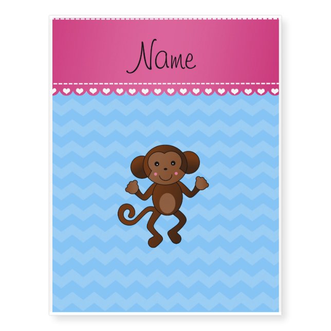 Personalized name cute monkey pastel blue chevrons temporary tattoos (Front)