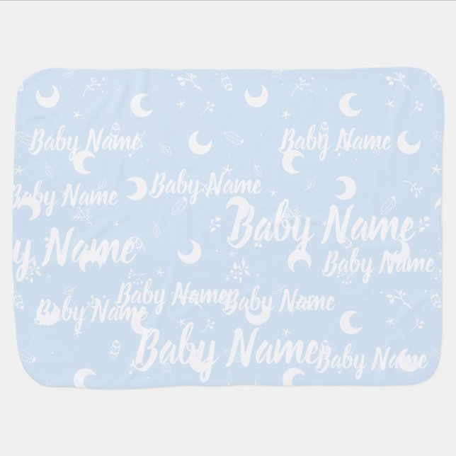 Personalized Name Cute Moon Whimsical Blue Boy Baby Blanket (Horizontal)