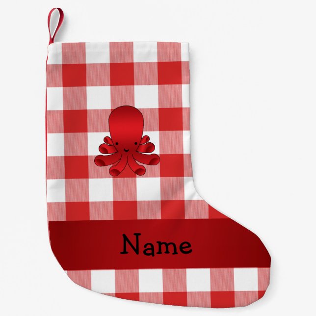 Personalized name cute octopus red checkers small christmas stocking (Front)