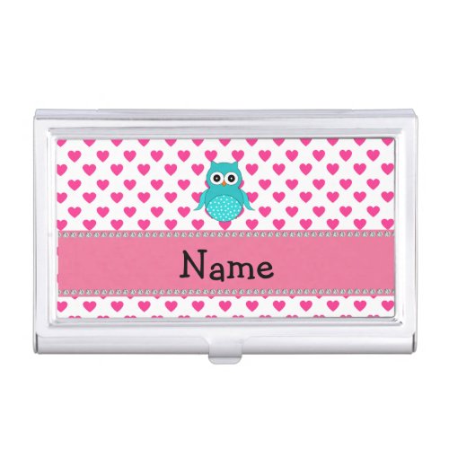 Personalized name cute owl pink hearts business card holder