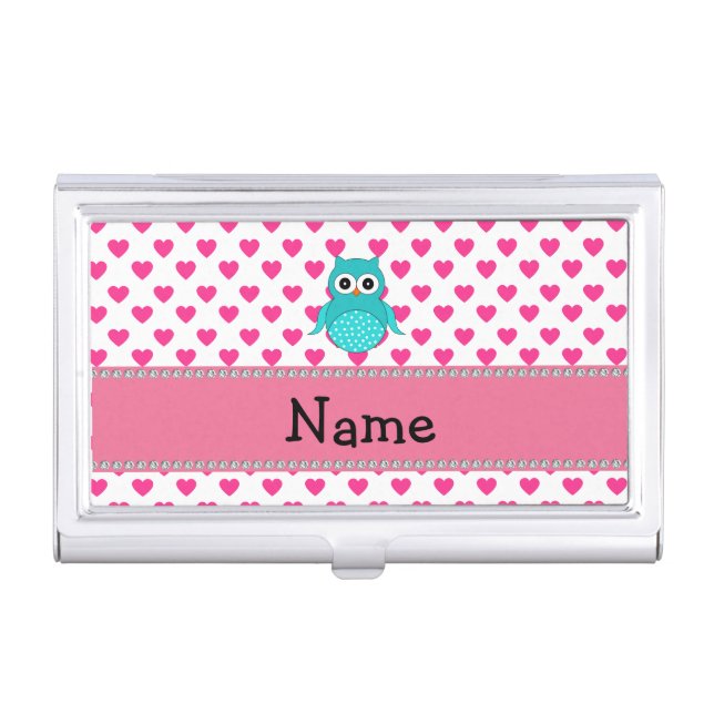 Personalized name cute owl pink hearts business card holder (Front)
