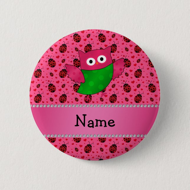 Personalized name cute owl pink ladybugs button (Front)
