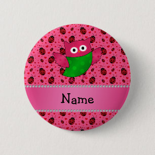 Personalized name cute owl pink ladybugs button