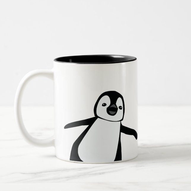 Personalized Name Cute Peeking Penguin Holiday Two-Tone Coffee Mug (Left)