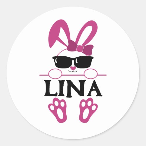 Personalized Name Cute Pink Bunny With Sunglasses Classic Round Sticker