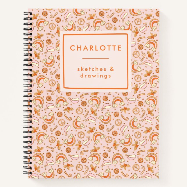 Personalized Name Cute Pink Retro Christmas Disco Notebook (Front)