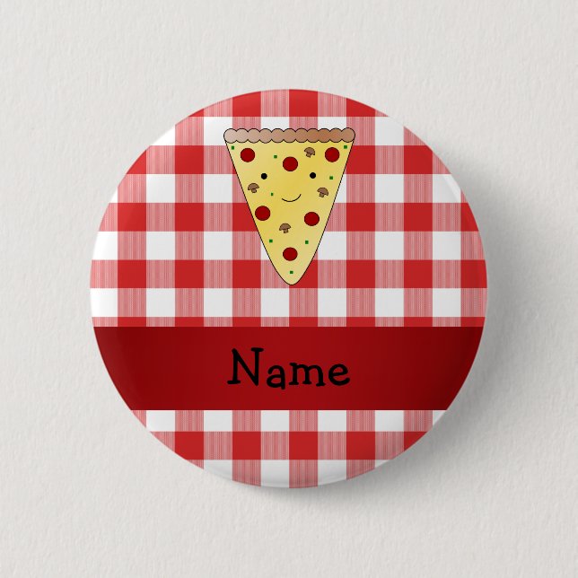 Personalized name cute pizza red checkered button (Front)