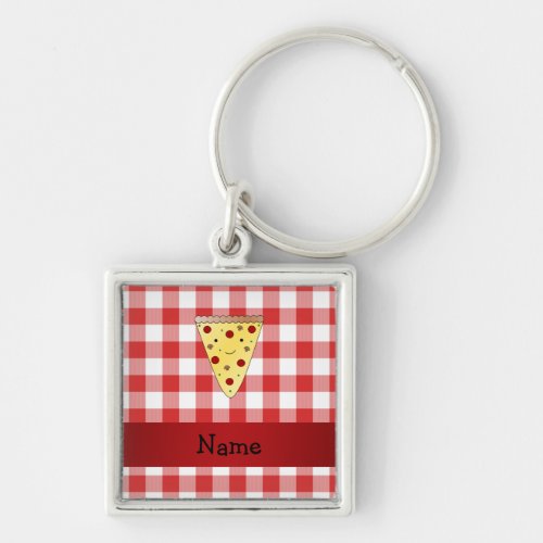 Personalized name cute pizza red checkered keychain