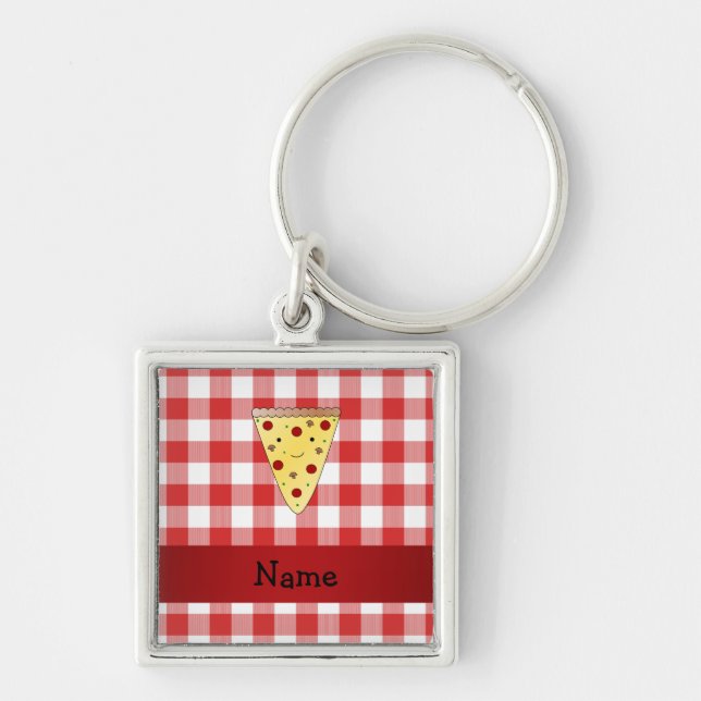 Personalized name cute pizza red checkered keychain (Front)