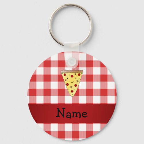 Personalized name cute pizza red checkered keychain