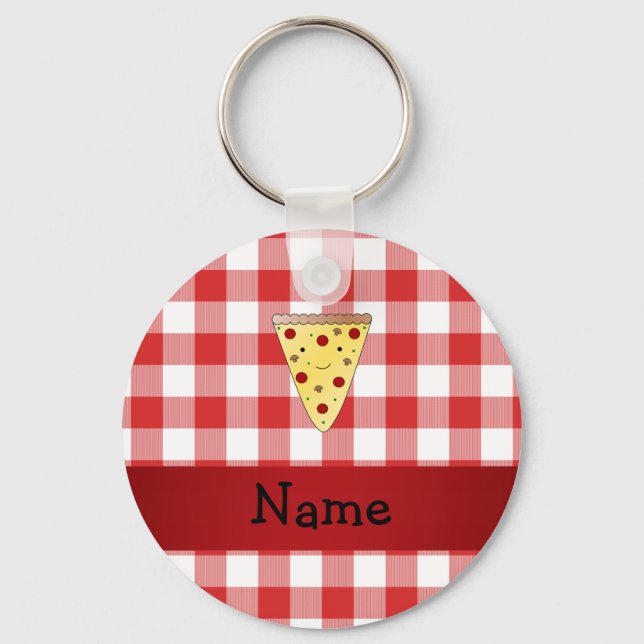 Personalized name cute pizza red checkered keychain (Front)