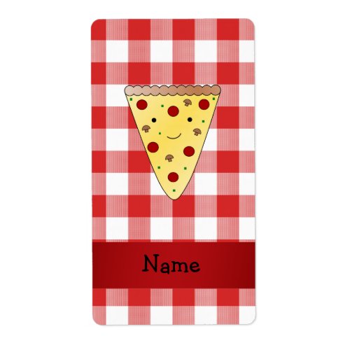 Personalized name cute pizza red checkered label