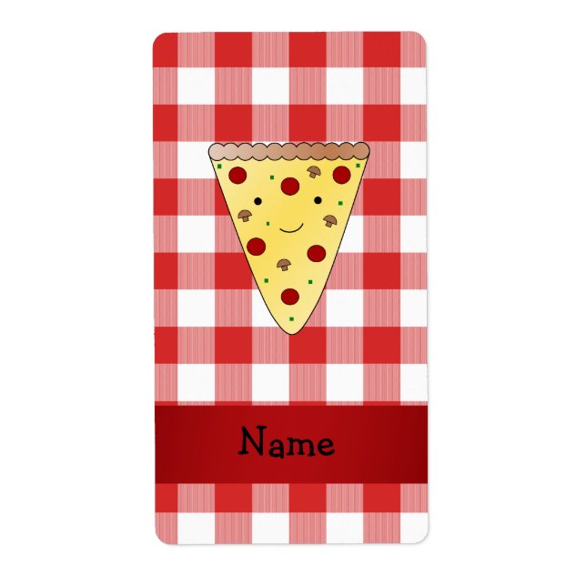 Personalized name cute pizza red checkered label (Front)