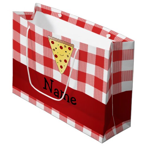 Personalized name cute pizza red checkered large gift bag