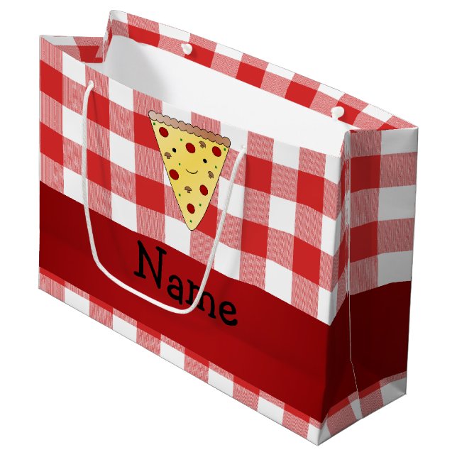Personalized name cute pizza red checkered large gift bag (Front Angled)