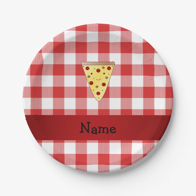 Personalized name cute pizza red checkered paper plates (Front)