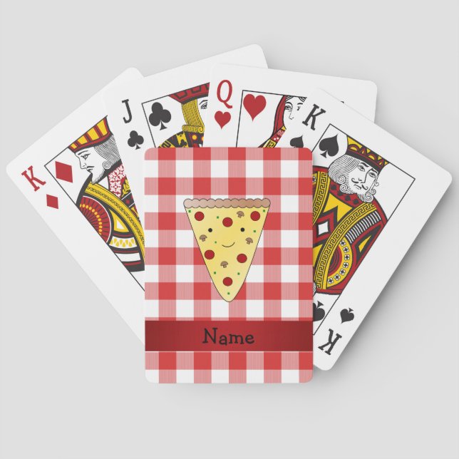 Personalized name cute pizza red checkered poker cards (Back)