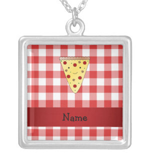 Personalized name cute pizza red checkered silver plated necklace