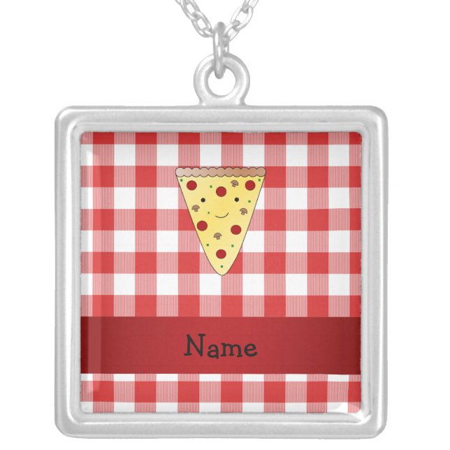 Personalized name cute pizza red checkered silver plated necklace (Front)