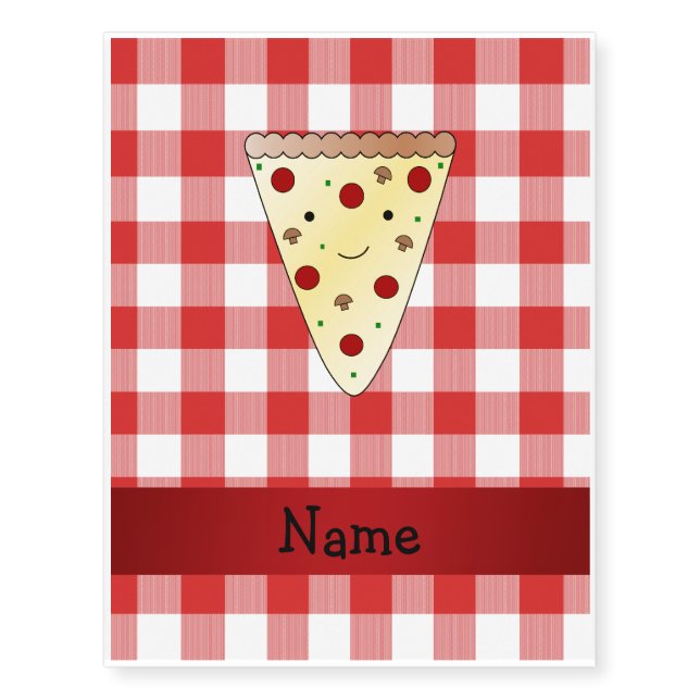 Personalized name cute pizza red checkered temporary tattoos (Front)