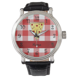 Personalized name cute pizza red checkered watch