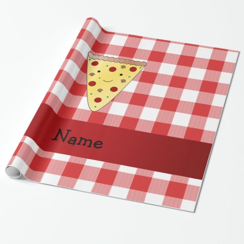 Personalized name cute pizza red checkered wrapping paper